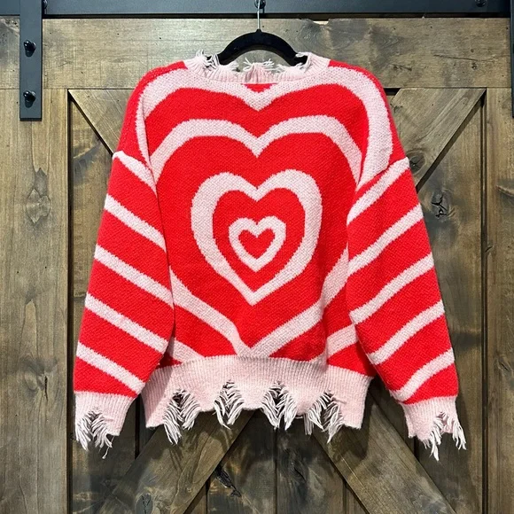 NWOT Miss Sparkling Pink & Red Frayed Heart Sweater Sz L - Picture 2 of 13